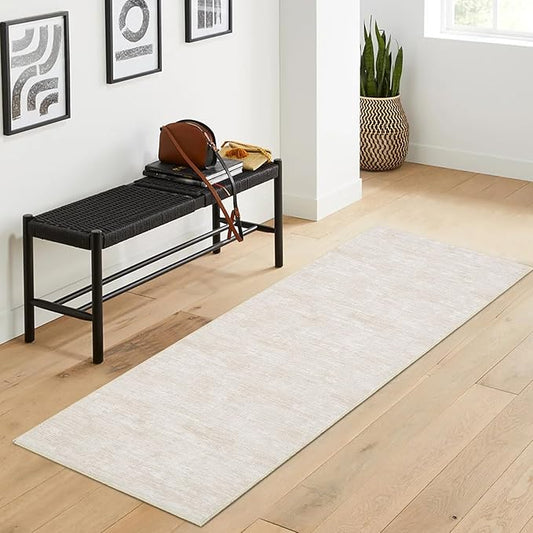 RUGSREAL Hallway Runner Rug 2.5x10 Long Kitchen Rug with Rubber Backing Low Pile Stain Resistant Entryway Carpet Washable Modern Solid Color Runner for Living Room Bedroom, Beige