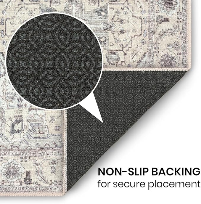 GLN Rugs Bohemian Collection - Machine Washable Area Rug, Bohemian Vintage, Non Slip, Low Pile Chenille Rug, Living Room, Bedroom, Bathroom Rug (2'x3' Beige and Gray)