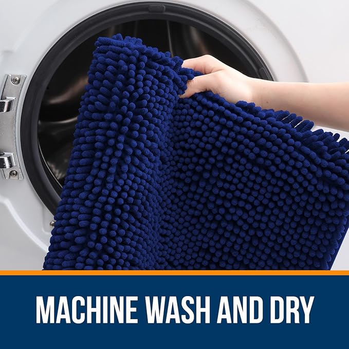 OLANLY Bathroom Rugs Sets 2 Piece, Soft Absorbent Chenille Bath Mats Area Rug Set, Non-Slip, Quick Dry, Machine Washable Bath Mats for Bathroom, Home Decor Accessories (30"x20"+24"x16", Navy)
