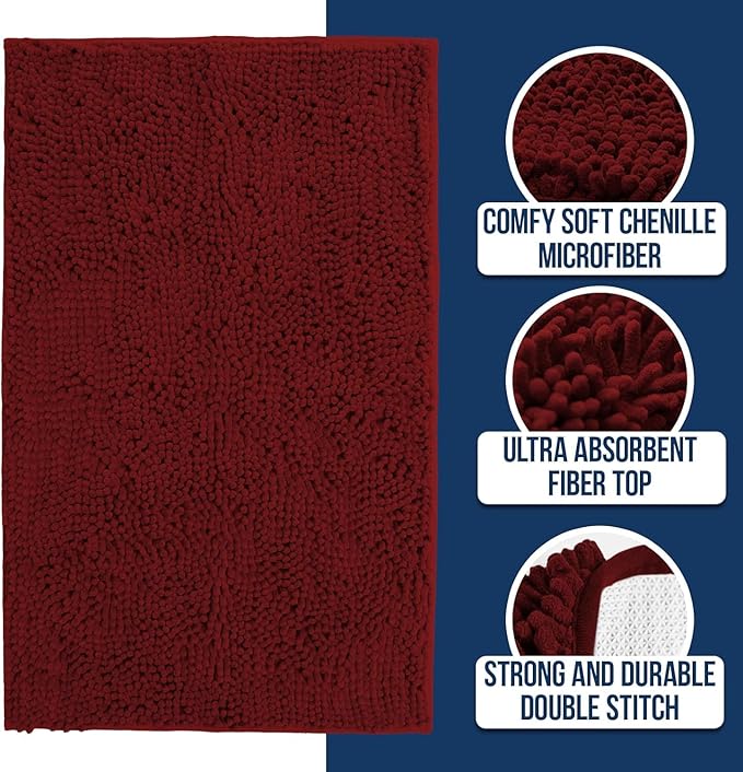 Muddy Mat® | Chenille Bathroom Rugs Quick Dry Microfiber Mats Non Slip Washable, Extra Thick, Soft and Highly Absorbent Bath Mats for Bathroom, Kitchen, and Shower Floor - Red 36"x60"
