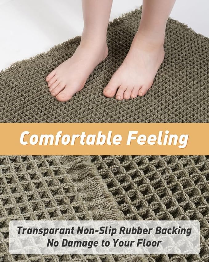 AMOAMI Upgraded Waffle Bath Mat, Super Absorbent Non Slip Bath Mats for Bathroom Floor, Machine Washable Bathroom Rugs with Tassels, Rubber Backed Bathroom Mats, Ultra Soft, 17" x 24", Dark Green
