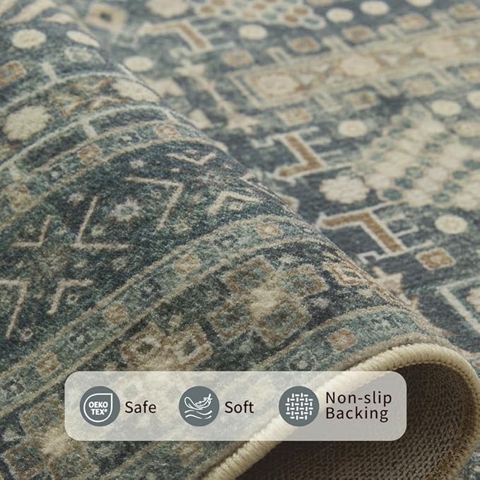 9x12 Washable Area Rugs for Living Room - Large Rugs,Floral Boho Vintage Rug,Soft & Non-Slip,Low Pile Wool Carpet for Indoor Dining Room,Girls Room,Nursery Room and Kids Room(Ivory Blue)