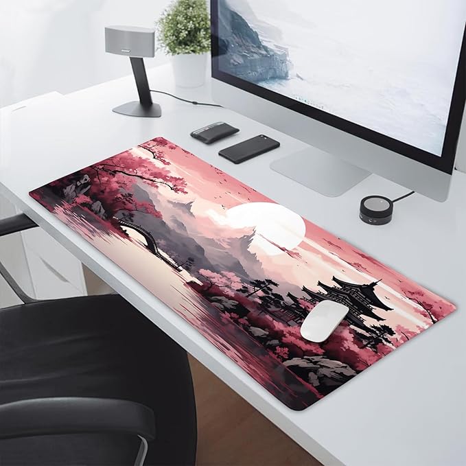 Pink Japanese Sakura Gaming Mouse Pad Extended 3XL Cherry Blossom Tower Mountain Landscape Large Desk Mat Big Mousepad Non-Slip Rubber Base Stitched Edge Long Desk Pad for Gamer,47.2x23.6in,120x60cm