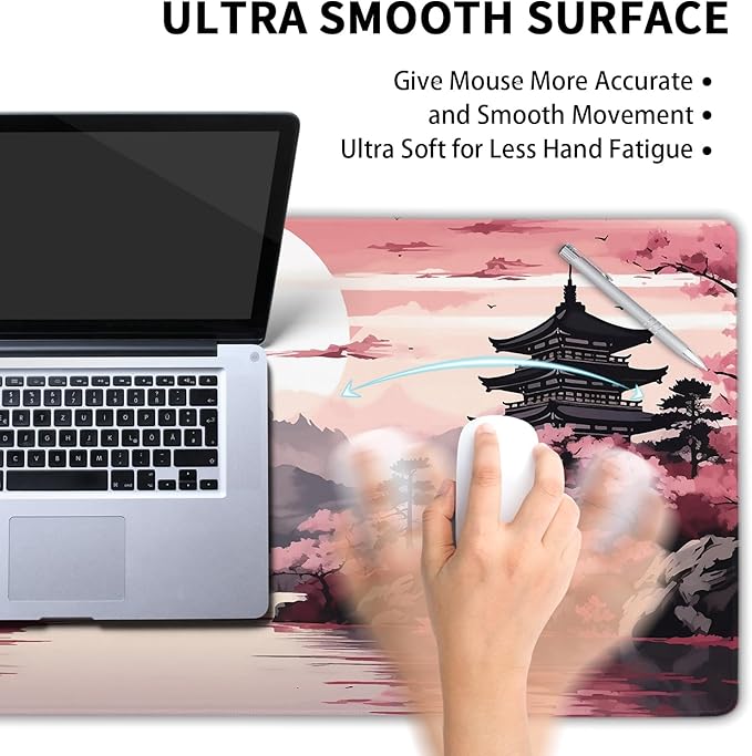 Pink Japanese Sakura Gaming Mouse Pad Extended 3XL Cherry Blossom Tower Mountain Landscape Large Desk Mat Big Mousepad Non-Slip Rubber Base Stitched Edge Long Desk Pad for Gamer,47.2x23.6in,120x60cm