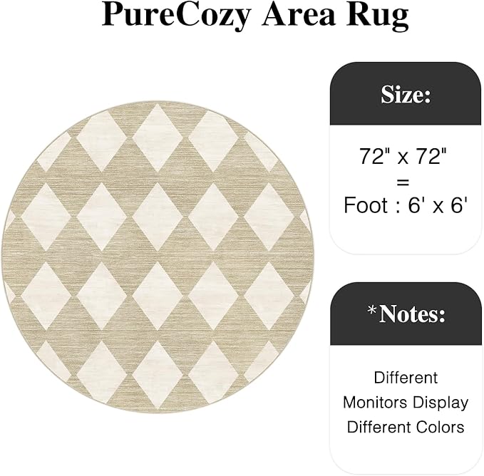 Checkered Round Rugs 6ft for Kitchen Beige Machine Washable Large Rug Non-Slip Stain Resistant Low Pile Boho Accent Indoor Throw Carpet for Office Bedroom Dining Room Classroom