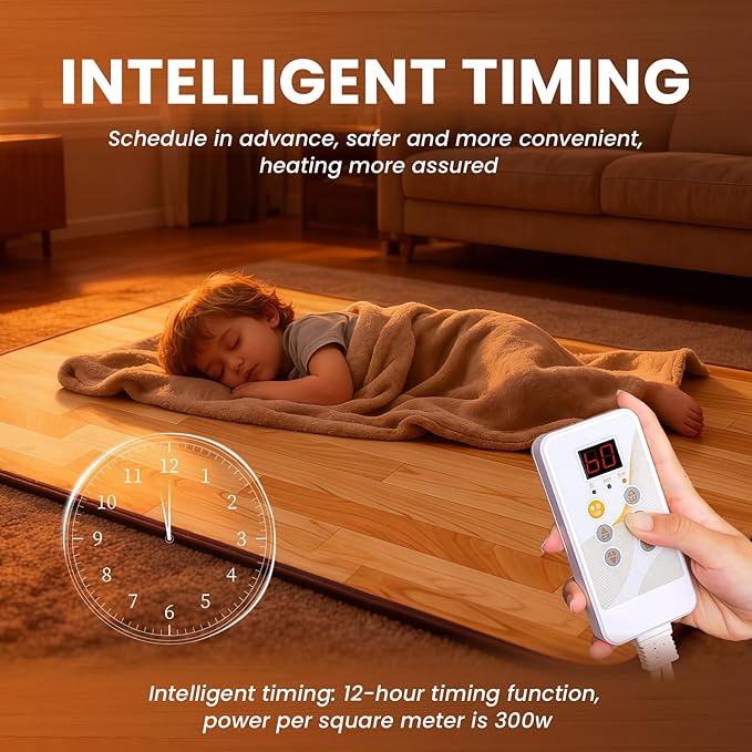 Heated Floor Rug, Heated Floor Carpet, Electric Heated Mat with Adjustable Temperature 12 Hour Timer, Radiant Floor Heater, for Yoga/Indoor/Under Desk (20x79 Inch/50x200 cm)