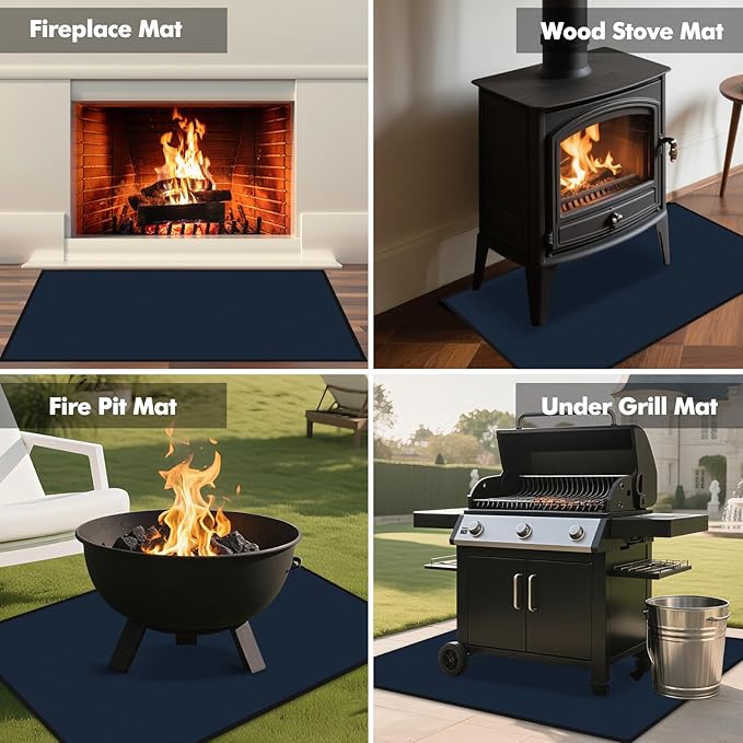 Hearth Rugs for Fireplaces Fire Resistant, 48 x 28 x 0.04 inch Fireproof Fireplace Mat Hearth Rug, Hearth Pads for Wood Stove Fireplace Indoor Outdoor, Protect Floors Carpets from Sparks Embers-Blue
