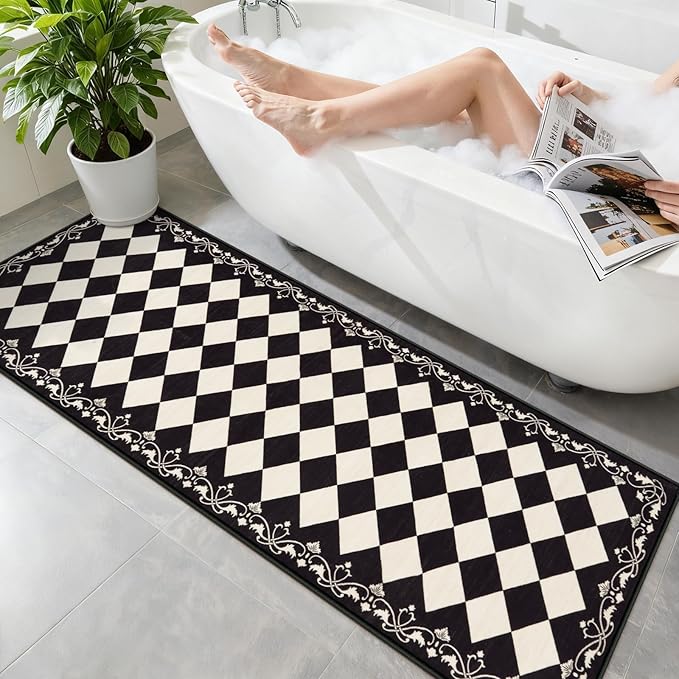 Checkered Kitchen Runner Rug 2x6 Vintage Modern Washable Runners for Hallways Non Slip Low Pile, Moroccan Framhouse Bathroom Runner Fall Brown Print Entryway Laundry Besides Home Decor