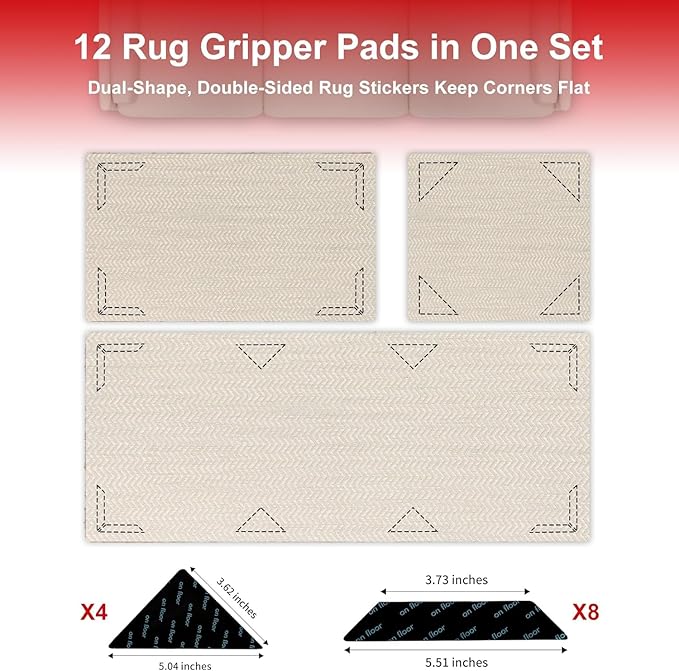 12Pcs Rug Gripper, Double Sided Carpet Tape for Area Rugs, Non Slip Rug Pads Grippers for Hardwood Floors, Rug Pad for Preventing Curling and Bunching, Black
