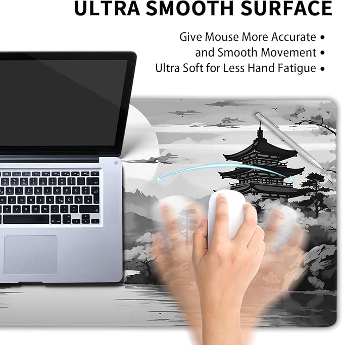 Black Gray Japanese Sakura Gaming Mouse Pad Grey White Cherry Blossom Tower Mountain Aesthetic Extended Large Desk Mat Mousepad Non-Slip Rubber Base Stitched Edge Desk Pad for Desktop,35.4 x 15.7 in