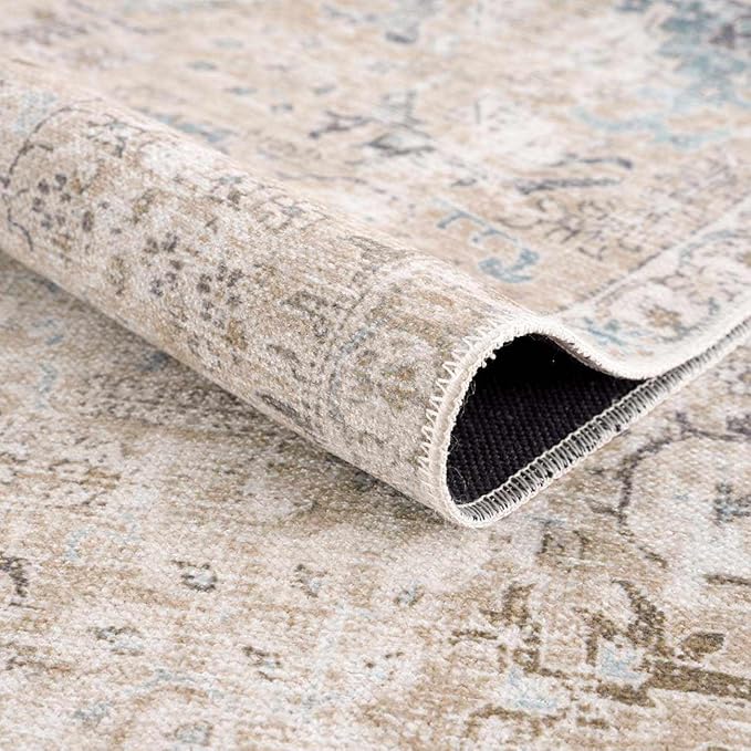Hauteloom Caylin Bohemian Vintage Medallion Area Rug - Farmhouse Oriental Carpet for Living Room, Bedroom - Machine Washable- Cream, Dark Brown, Peach - 7'10" x 10'3"