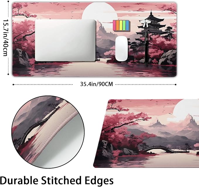 Pink Japanese Sakura Gaming Mouse Pad XXL Cherry Blossom Tower Mountain Landscape Big Extended Large Desk Mat Non-Slip Rubber Base Stitched Edge Long Mousepad for Computer Gamer, 35.4 x 15.7 in