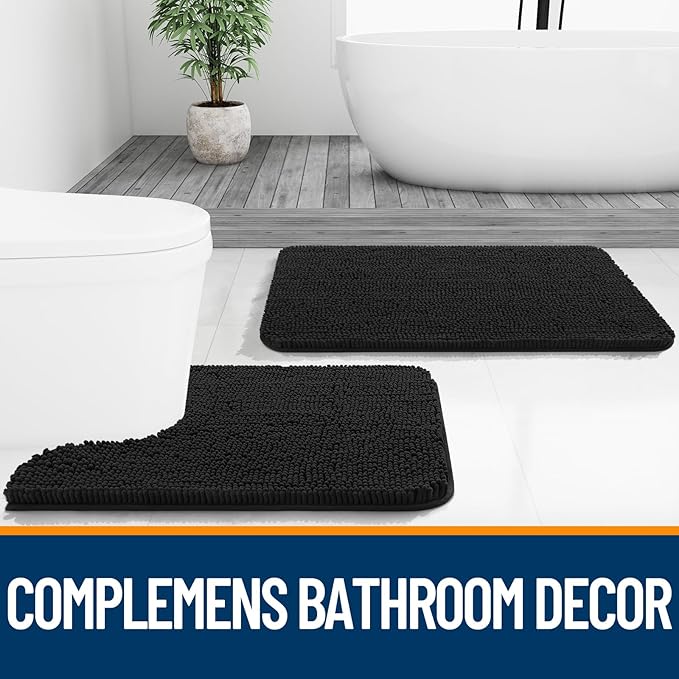OLANLY Bathroom Rugs Sets 2 Piece, Soft Absorbent Chenille Bath Mats Area Rug Set, Non-Slip, Quick Dry, Machine Washable Bath Mats for Bathroom, Home Decor Accessories (59"x20"+30"x20", Black)