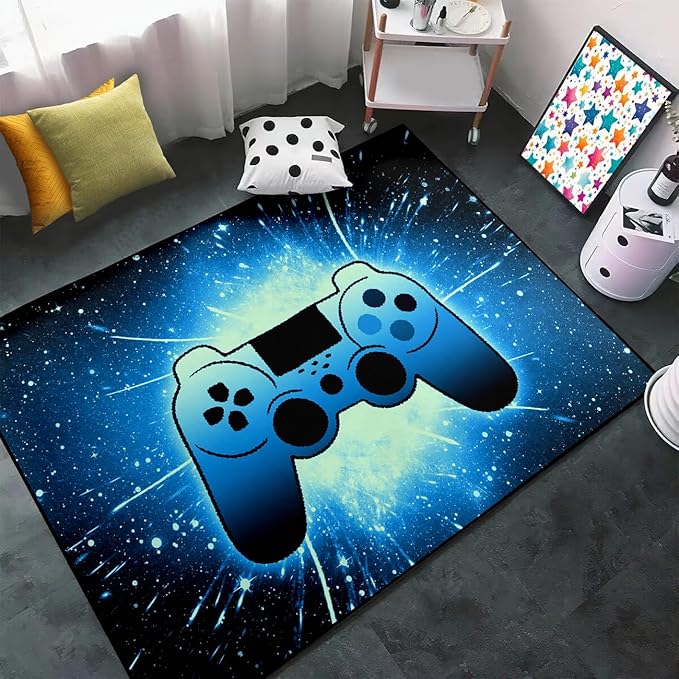 Gaming Rug for Gamer Game Room Boys Gamer Theme Carpets, Blue Galaxy Game Loading Gamepad Printed Floor Rugs for Bedroom Living Room Mat Sofa Mats,4'×5'