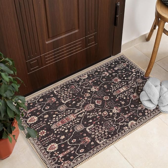 GLN Rugs Bohemian Collection - Machine Washable Area Rug, Bohemian Vintage, Non Slip, Low Pile Chenille Rug, Living Room, Bedroom, Bathroom Rug (2'x3' Black)