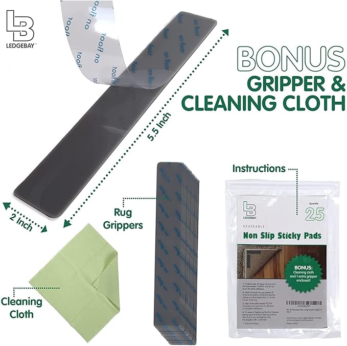 Ledgebay Rug Pad Grippers for Area Rugs Pack of 25 Reusable, No Skid, Washable, Anti-Slip Pads, Rug Gripper for Hardwood Floors and Tile with Double-Sided, Self Adhesive Rug Tape to Keep Rugs Flat