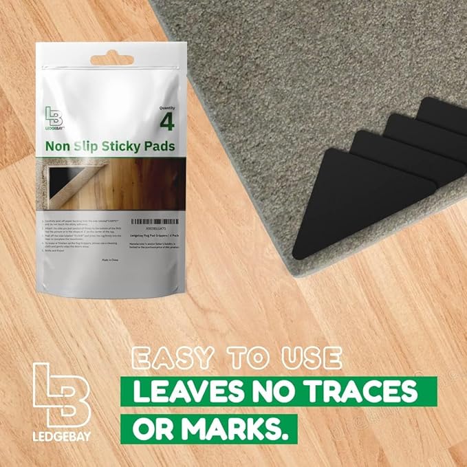 Ledgebay Rug Pad Grippers for Area Rugs - Multi Pack Reusable, No Skid, Washable, Anti-Slip, Rug Pad Gripper for Hardwood Floors and Tile with Double-Sided, Self Adhesive to Keep Area Rugs Flat (4)