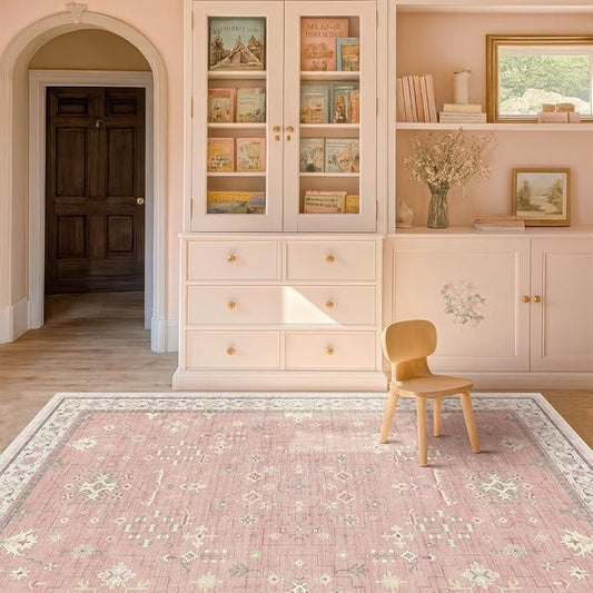 Pink and Gold Girls Rugs for Bedroom, 4x6 Non Slip Nursery Floral Area Rug, Machine Washable Kids Playroom Mat, Vintage Thin Low Pile Carpet for Living Room, Dorm