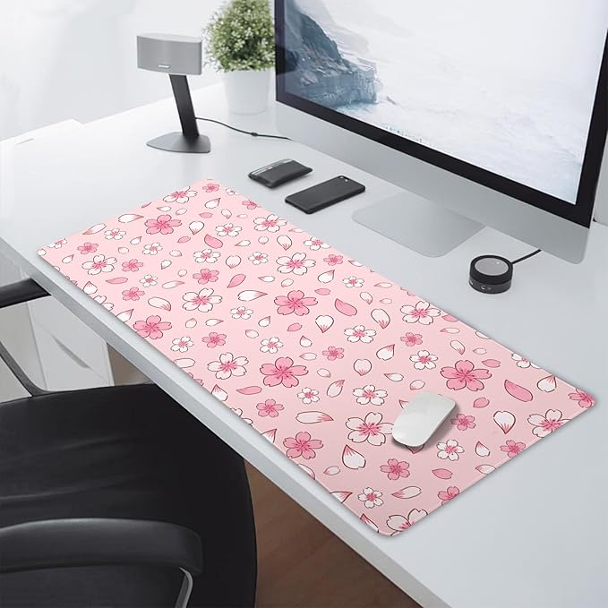 Pink Cherry Blossom Gaming Mouse Pad XXL Cute Anime Aesthetics Floral Extended Kawaii Flowers Large Mousepad Non-Slip Rubber Base Stitched Edge Keyboard Desk Pad Playmat for Computer,35.4×15.7 in