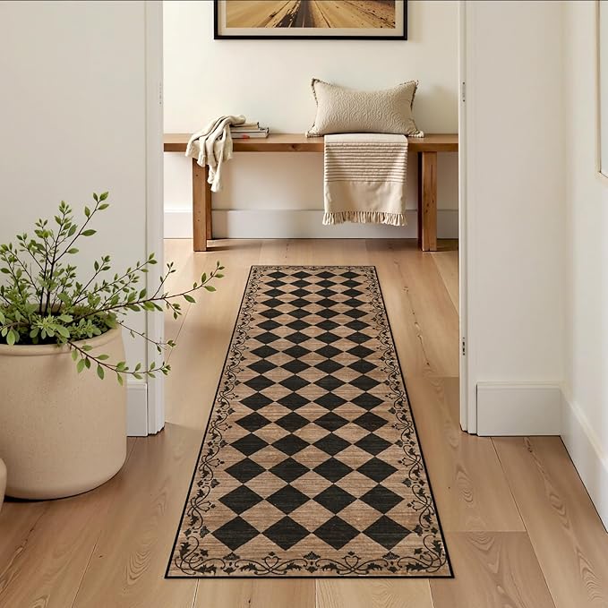 Beeiva Checkered Kitchen Runner Rug 2x6 Vintage Washable Runners for Hallways Non Slip Ultra Thin, Moroccan Framhouse Bathroom Runner Fall Brown Print Entryway Laundry Besides Home Decor (Brown/Black)