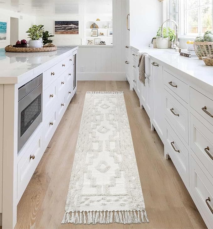 Uphome Boho Runners for Hallways 2' x 8', Washable Farmhouse Entryway Runner Rug, Cotton Tufted Bedroom Runner Rugs, Bohemian Tribal Throw Aesthetic Rug for Kitchen Doorway Bathroom Living Room, Beige
