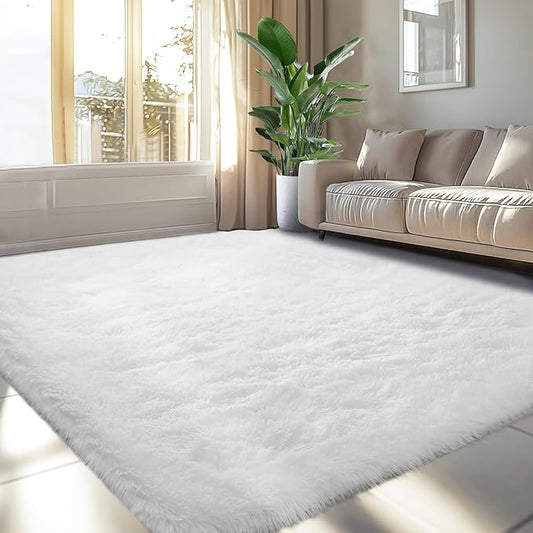 Fluffy Area Rug for Living Room 6x9: White Shag Rugs for Bedroom- 6x9 Feet Fluffy Rugs for Living Room- Shag White Rugs Soft Plush Indoor Carpets for Bedroom, Nursery, 6x9