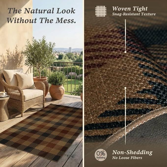 JTJ 2x6 Easy Jute Runner for Indoor Entrance - Outdoor Runner Rug for Patio, Kitchen Runners Non Skid Washable 6ft - Vintage, Mudroom, Washable Stain Resistent Carbin Brown and Red Checkered Décor