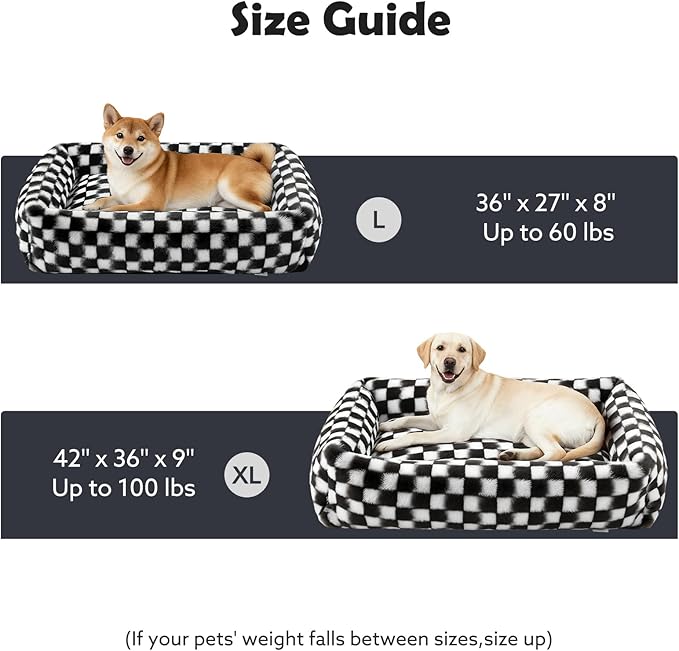 JOEJOY Large Dog Beds Large Sized Dog, Removable Washable Cover Orthopedic Soft Faux Rabbit Fur Pet Bed, Anti-Slip Fluffy Plush Faux Rabbit Fur Puppy Bed, 36"x27"x8", Checkered, Black