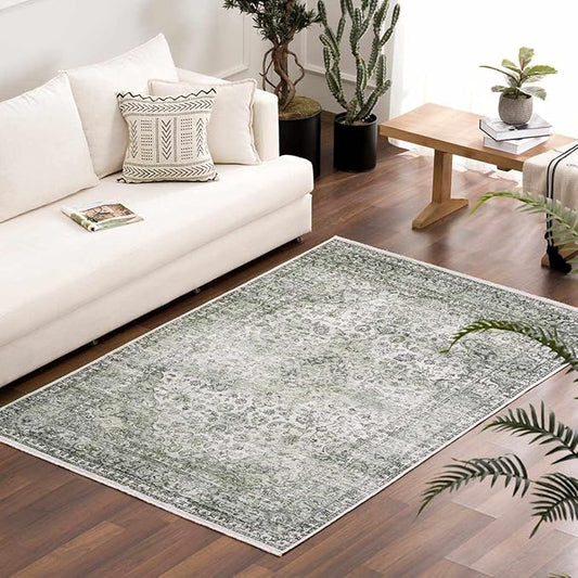 Hauteloom Cristy Bohemian Vintage Medallion Area Rug - Farmhouse Oriental Carpet for Living Room, Bedroom - Machine Washable- Cream, Olive - 5' x 7'6"