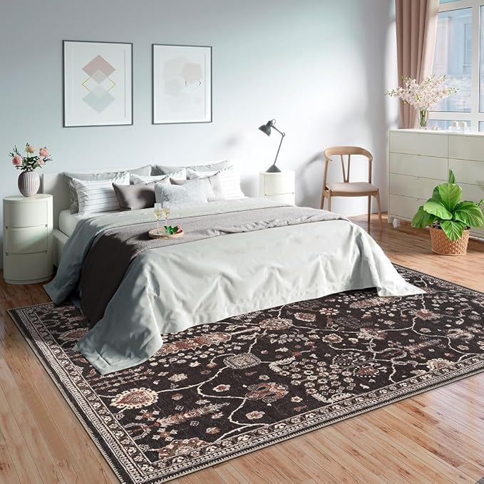GLN Rugs Bohemian Collection - Machine Washable Area Rug, Bohemian Vintage, Non Slip, Low Pile Chenille Rug, Living Room, Bedroom, Bathroom Rug (3'x5' Black)