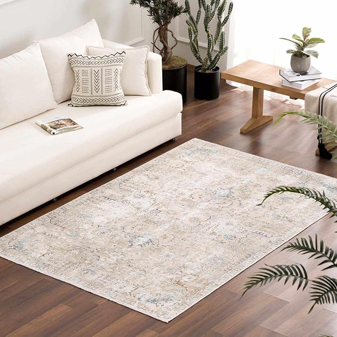 Hauteloom Caylin Bohemian Vintage Medallion Area Rug - Farmhouse Oriental Carpet for Living Room, Bedroom - Machine Washable- Cream, Dark Brown, Peach - 5' x 7'6"