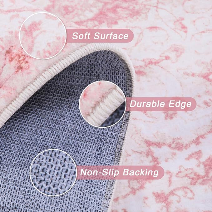 Hallway Runner Rug, 2x8 Floral Pink Area Rug, Honeycomb Non Slip Kitchen Runner Rugs, Washable Soft Faux Wool Rug for Hallways Entryway Kitchen Laundry Bedroom