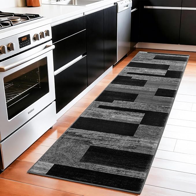 2x6 Washable Runner Rug for Hallway&Kitchen,Non-Slip Long Carpet with Vintage Checkered Design,Ultra-Thin Low Pile,Stain Resistant Easy Clean Floor Mat for High Traffic Areas(2x6,Gray)