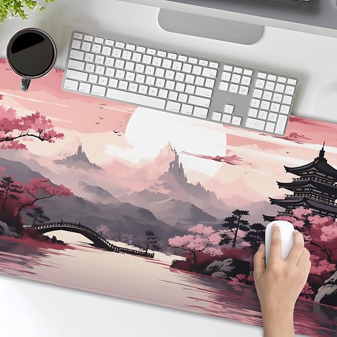 Pink Japanese Sakura Gaming Mouse Pad XXL Cherry Blossom Tower Mountain Landscape Big Extended Large Desk Mat Non-Slip Rubber Base Stitched Edge Long Mousepad for Computer Gamer, 35.4 x 15.7 in