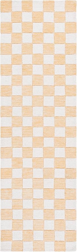 SAFAVIEH Ebony Collection Runner Rug - 2'3" x 8', Gold & Ivory, Handmade Wool, Checkered Pattern, Ideal for Living Room, Hallway, Foyer, Bedroom (EBN175D-28)