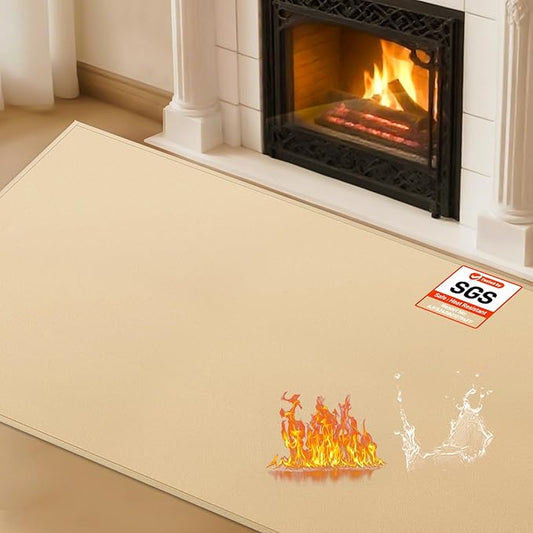 Hearth Rugs for Fireplaces Fire Resistant, 48 x 28 x 0.04 inch Fireproof Fireplace Mat Hearth Rug, Hearth Pads for Wood Stove Fireplace Indoor Outdoor, Protect Floors Carpets from Sparks Embers-Khaki