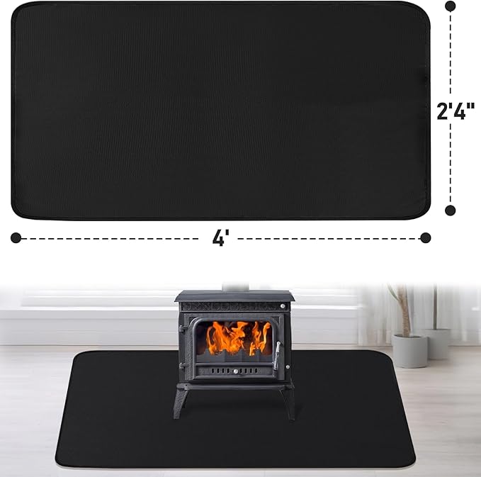 Fireplace Mat, 2'4'' x 4' x 0.04'' Fireplace Rug, Hearth Rug for Wood Stove Fireplace Indoor Outdoor, Thin Fireplace Rugs Fire Resistant Protects Floors Carpets from Sparks Embers, Black