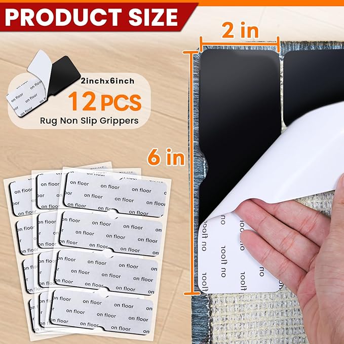 Rug Non Slip Grippers, Reusable Rug Tape Pads for Hardwood Floors, Laminate Floor, Tiles, No Residue on Flooring, Strong Adhesive Carpet Tape for Area Rugs, Keep Corners Flat (12)