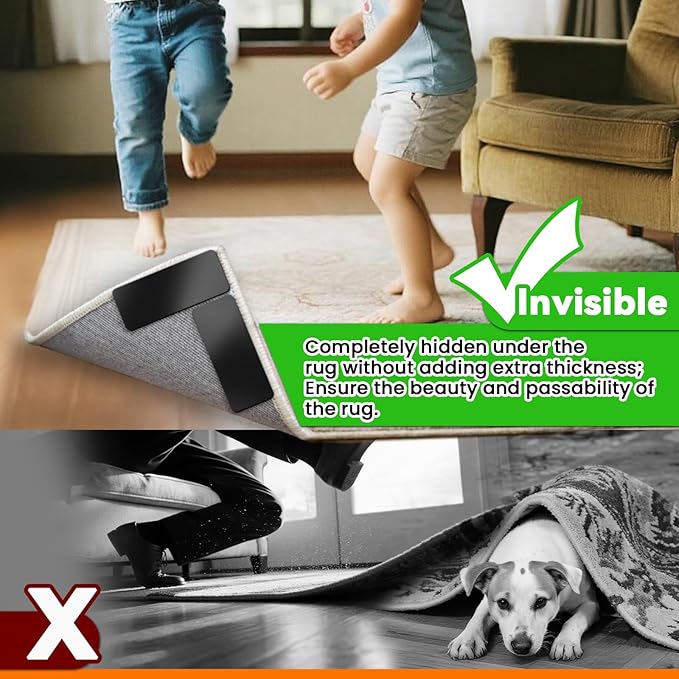 Rug Non Slip Grippers, 2 x 5 Inch Reusable Carpet Grippers Rug Tape Pads for Hardwood Floors and Tiles, Removable and No Residue on Floor (4)