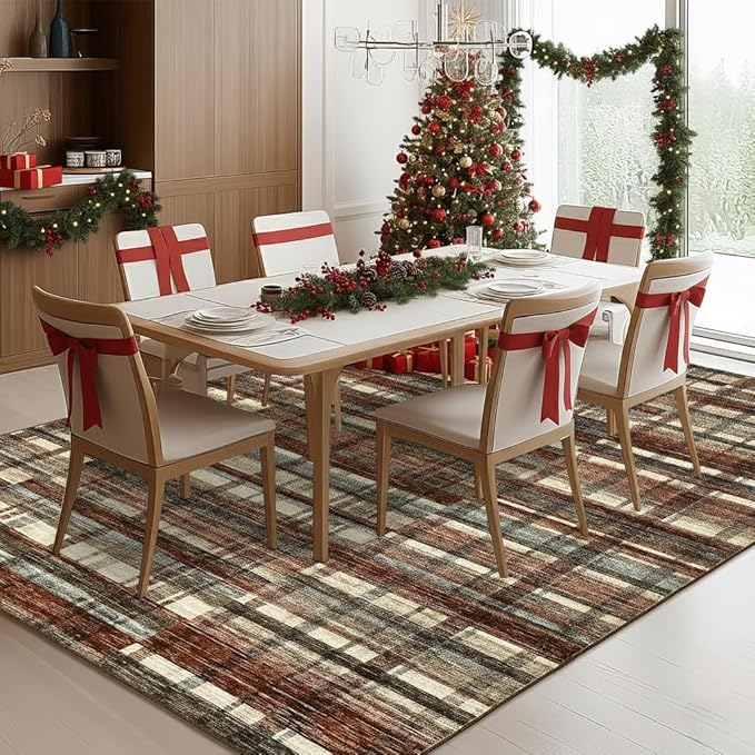 Living Room Rug 8x10 Area Rugs for Living Room Christmas Washable Rug Non Slip Modern Plaid Throw Rugs Low Pile Area Rugs for Bedroom Stain Resistant Carpet for Classroom Office Red 8'x10'