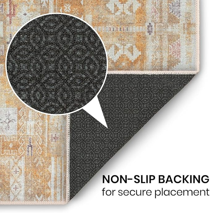 GLN Rugs Bohemian Collection - Machine Washable Area Rug, Bohemian Vintage, Non Slip, Low Pile Chenille Rug, Living Room, Bedroom, Bathroom Rug (2'6"x7' Yellow)