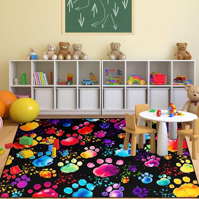 Paw Print Rug - Cute Colorful Dog Cat Paw Print Rugs Cartoon Animal Claw Carpet for Kids Bedroom Cute Animal Paw Themed Decorative Carpet for Playroom Soft Cartoon Decor for Classroom,2'5''×4'