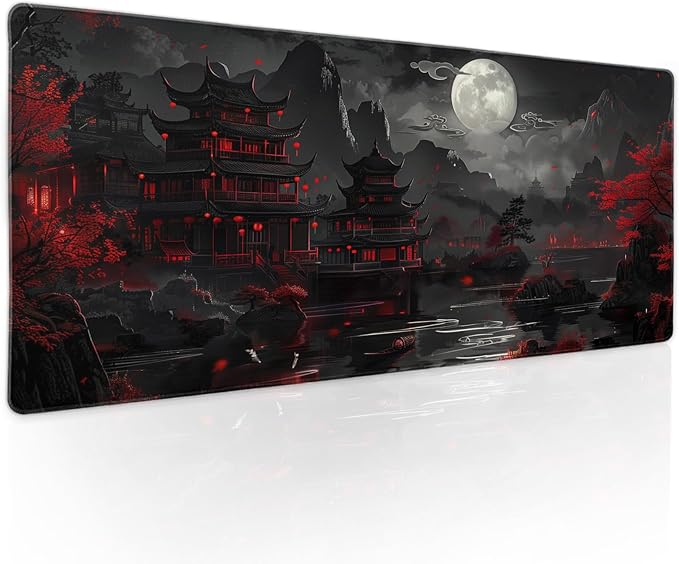 Full Moon Night Gaming Mouse Pad XLBlack Red Mountain Japanese Extended Large Mat Mousepad Desk Pad Non-Slip Rubber Base Stitched Edge Long Keyboard Pad for Computer,31.5×11.8 Inch