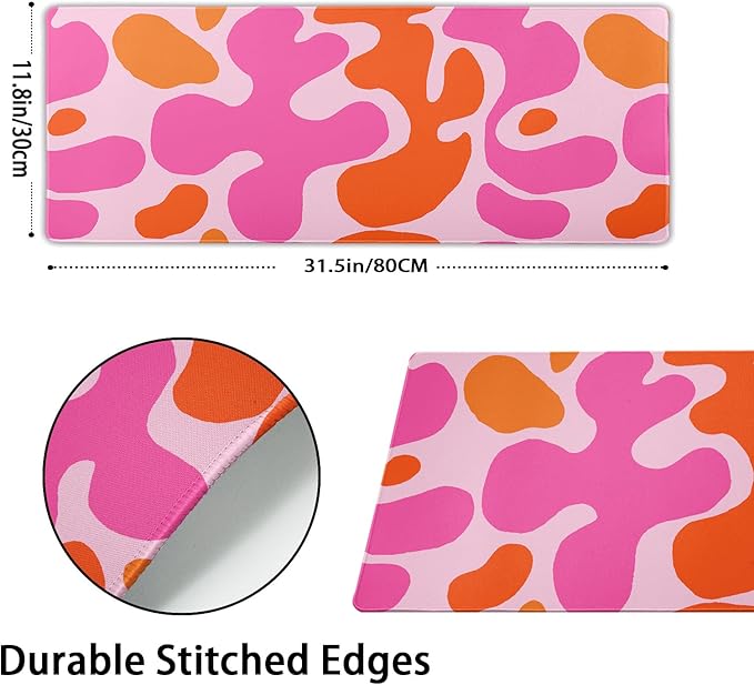 Pink Orange Cute Gaming Mouse Pad XL Kawani Preppy Abstract Modern Geographic Extended Large Desk Mat Mousepad Non-Slip Rubber Base Stitched Edge Long Desk Pad for Desktop Office PC,31.5×11.8 Inch