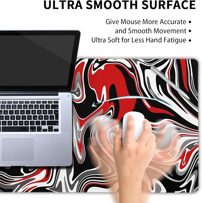 aportt Black Red Swirl Gaming Mouse Pad XL Gray Marble Grey Fluid Design Extended Large Mat Mousepad Desk Pad Non-Slip Rubber Base Stitched Edge Long Keyboard Pad for Computer,31.5×11.8 Inch