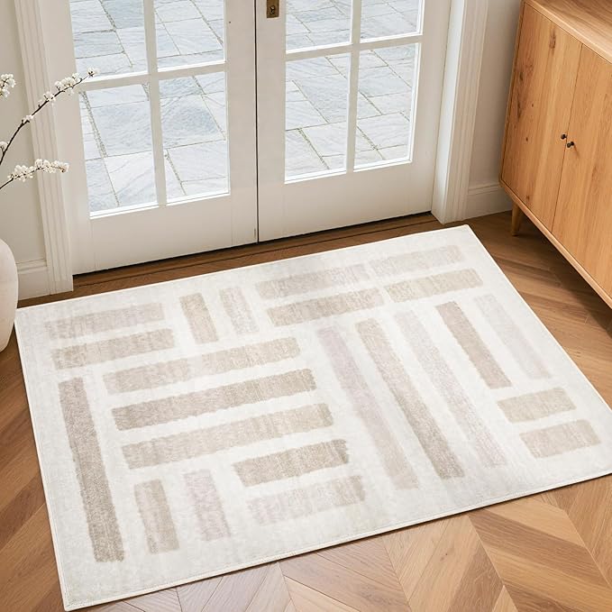 Washable Area Rugs,5x7ft Soft Rug for Living Room and Bedroom Vintage Striped Rug Stain Resistant with Non Slip Backing Geometric Checkered Foldable Print Mat for Home Decor