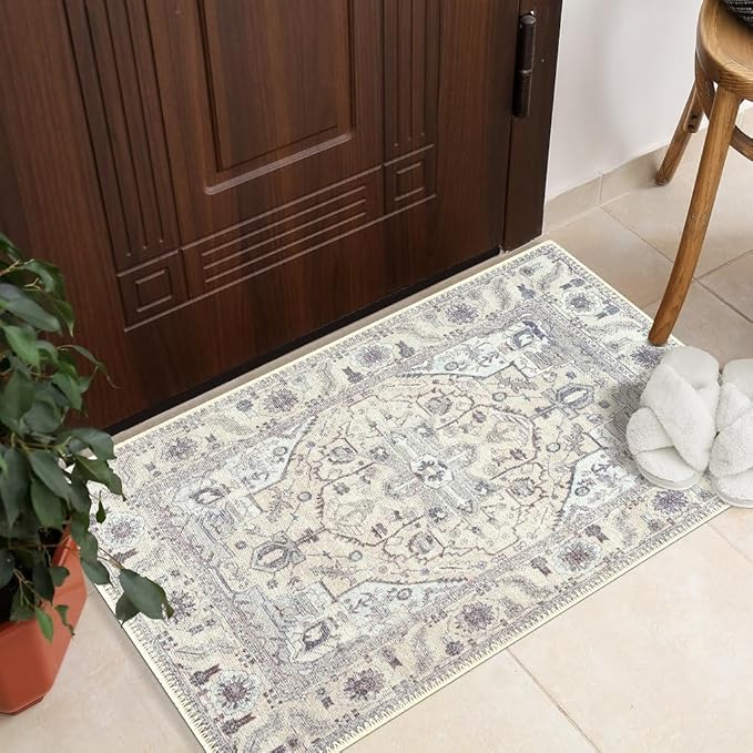 GLN Rugs Bohemian Collection - Machine Washable Area Rug, Bohemian Vintage, Non Slip, Low Pile Chenille Rug, Living Room, Bedroom, Bathroom Rug (2'x3' Beige and Gray)