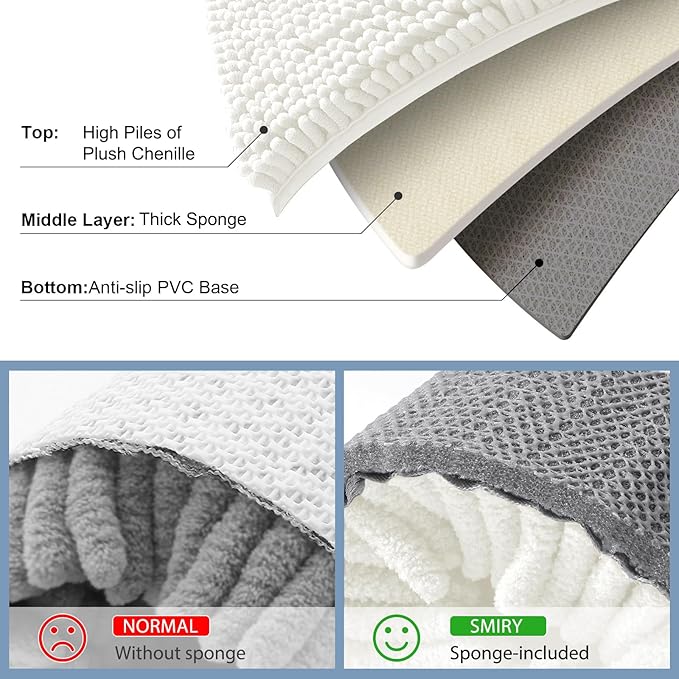 Smiry Luxury Chenille Bathroom Rugs 40x32, Extra Soft and Absorbent Shaggy Bath Mat, Machine Washable, Non-Slip Plush Carpet Runner for Tub, Shower, and Floor, Home Decor Accessories, Ivory
