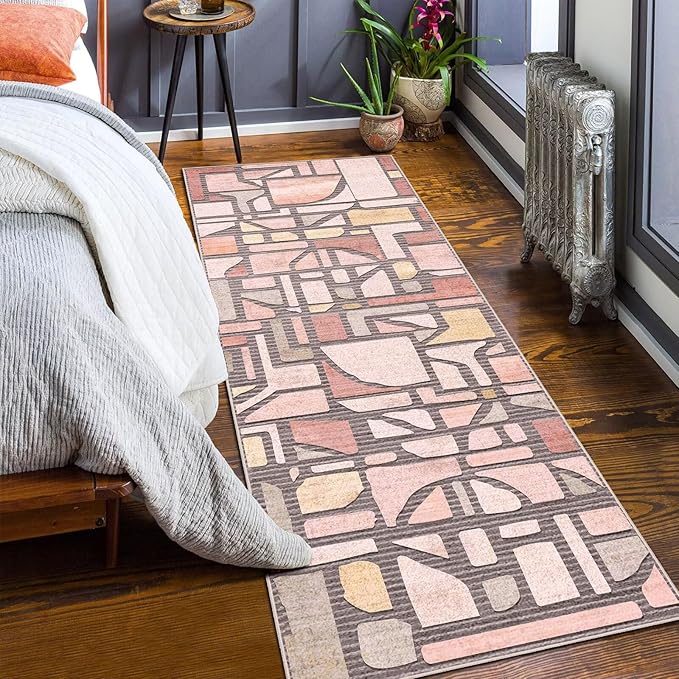 DEXDE 2x6 Runner Rug for Hallway, Washable Abstract Non Slip Low Pile Throw Vintage Checkered Rugs Soft Modern Indoor Carpet for Kitchen Bedroom Bathroom Laundry Entrance, Pink