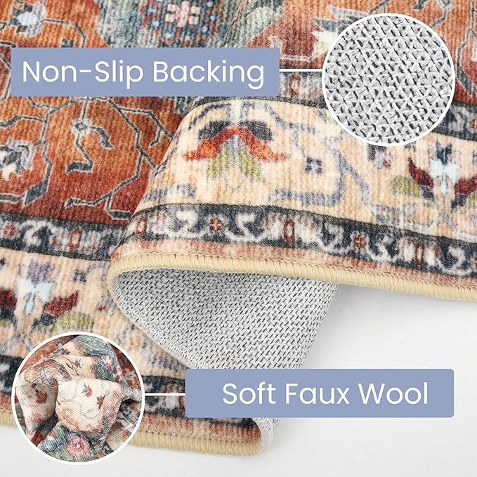 KOZYFLY Boho Area Rug 5x7 Ft Thin Rugs for Living Room Washable Bedroom Rug Non Slip Rugs for Living Room Rust/Orange/Blue Printed Faux Wool Vintage Bedroom Rug Floor Carpet for Dining Room